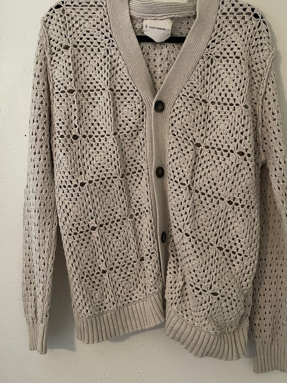 Lucky Brand Oyster Gray Oatmeal Granny Square Crochet V-Neck Button Cardigan L